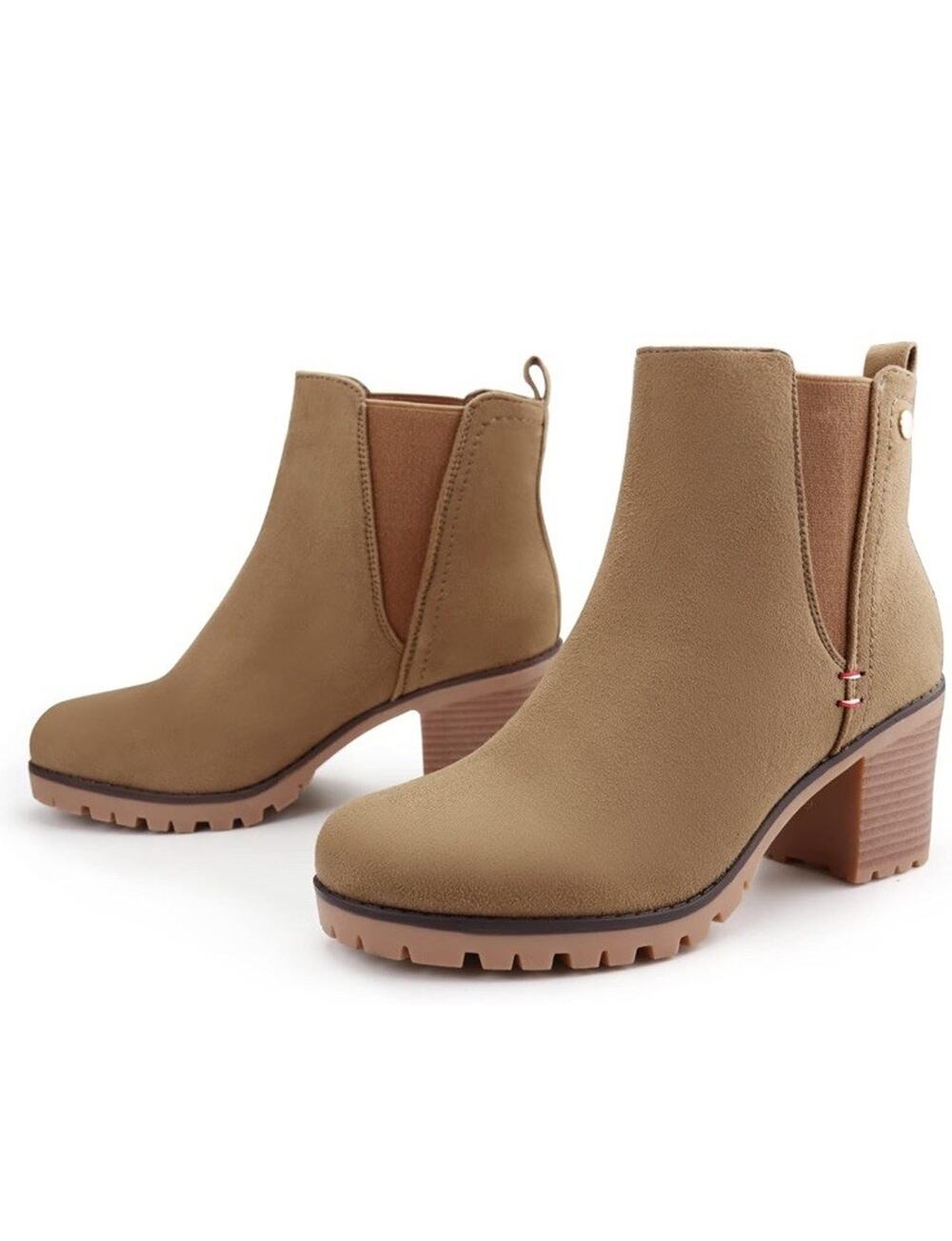JABASIC Womens Chelsea Ankle Boots Suede Block Heel Slip On Booties Tan EUC 8
